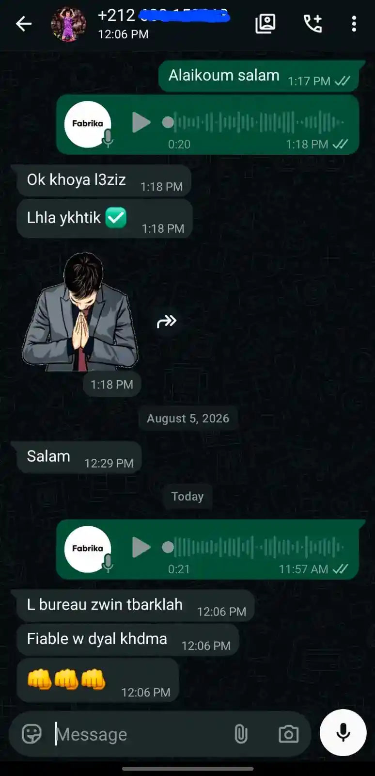 Avis client Fabrika WhatsApp